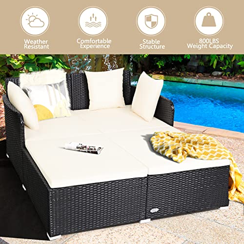 HAPPYGRILL Outdoor Daybed Rattan Wicker Patio Daybed with Padded Cushions Pillows and Sturdy Aluminum Foot, Patio Sofa Furniture Set for Garden Porch Poolside