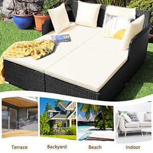 HAPPYGRILL Outdoor Daybed Rattan Wicker Patio Daybed with Padded Cushions Pillows and Sturdy Aluminum Foot, Patio Sofa Furniture Set for Garden Porch Poolside