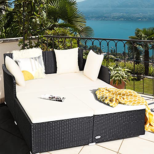 HAPPYGRILL Outdoor Daybed Rattan Wicker Patio Daybed with Padded Cushions Pillows and Sturdy Aluminum Foot, Patio Sofa Furniture Set for Garden Porch Poolside