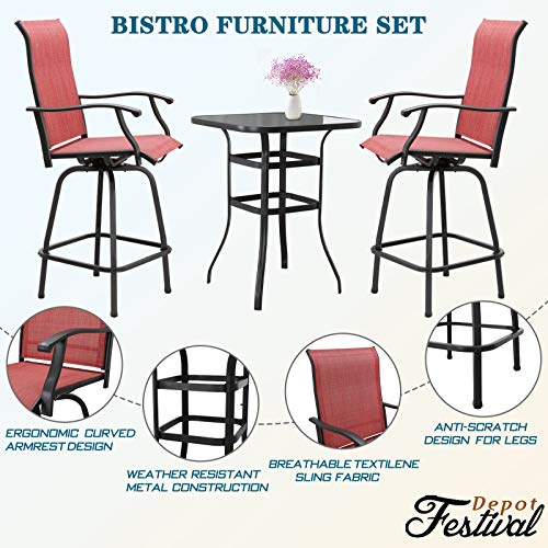 Festival Depot 2pcs Patio Dining Set Bar Height Stools Swivel Chairs with Armrest All Weather Metal Outdoor Furniture for Bistro Yard (Red)