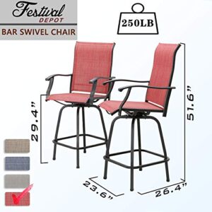 Festival Depot 2pcs Patio Dining Set Bar Height Stools Swivel Chairs with Armrest All Weather Metal Outdoor Furniture for Bistro Yard (Red)