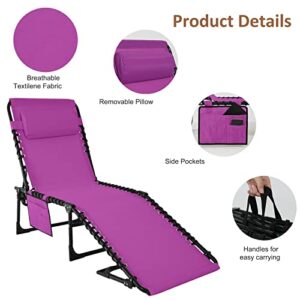 ABCCANOPY Adjustable Outdoor Folding Chaise Lounge Chair 3 Reclining Positions with Pillow and Pockets for Patio Lawn Beach Pool Sun Sunbathing, Radiant Orchid