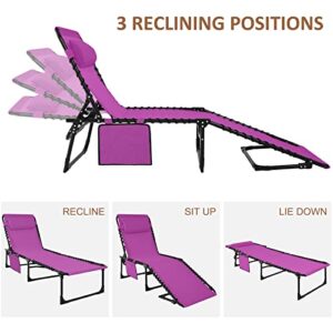 ABCCANOPY Adjustable Outdoor Folding Chaise Lounge Chair 3 Reclining Positions with Pillow and Pockets for Patio Lawn Beach Pool Sun Sunbathing, Radiant Orchid