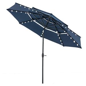 Klismos 10FT 3 Tiers Patio Umbrella with Lights Windproof Outdoor Market Umbrella Large Waterproof Table Umbrella with Tilt and Crank (Navy Blue)