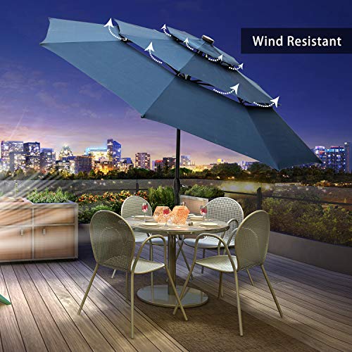 Klismos 10FT 3 Tiers Patio Umbrella with Lights Windproof Outdoor Market Umbrella Large Waterproof Table Umbrella with Tilt and Crank (Navy Blue)