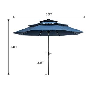 Klismos 10FT 3 Tiers Patio Umbrella with Lights Windproof Outdoor Market Umbrella Large Waterproof Table Umbrella with Tilt and Crank (Navy Blue)