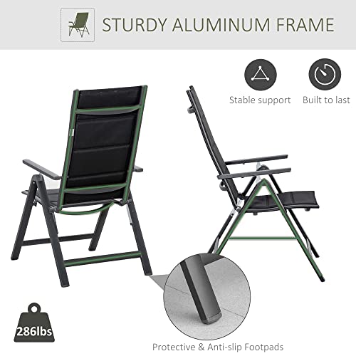 Outsunny 2 Piece Outdoor Patio Folding Chair Set, Aluminum Frame Portable Reclining Camping Seats with Soft Padding & Adjustable Backrest, for Garden, Outdoor, Backyard, Black