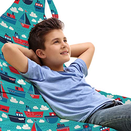 Ambesonne Nautical Lounger Chair Bag, Funny Steamboats and Sailboats Clouds Waves Creative Sea Childish, High Capacity Storage with Handle Container, Lounger Size, Turquoise Vermilion Blue