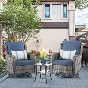 xizzi patio chair outdoor swivel rocking patio chairs set of 2 and matching side table 3 pieces pe rattan wicker patio bistro set 360 degree rotation chairs,grey wicker denim blue