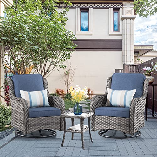 XIZZI Patio Chair Outdoor Swivel Rocking Patio Chairs Set of 2 and Matching Side Table 3 Pieces PE Rattan Wicker Patio Bistro Set 360 Degree Rotation Chairs,Grey Wicker Denim Blue