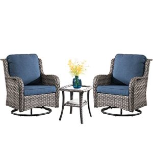 XIZZI Patio Chair Outdoor Swivel Rocking Patio Chairs Set of 2 and Matching Side Table 3 Pieces PE Rattan Wicker Patio Bistro Set 360 Degree Rotation Chairs,Grey Wicker Denim Blue