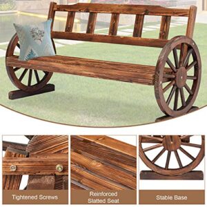 JSUN7 Outdoor Wooden Wheel Bench,56''L x 22.4" W x 29.6" H Wagon Bench Chair Rustic Slatted Seat Back for Backyard Patio Garden, 2-Person