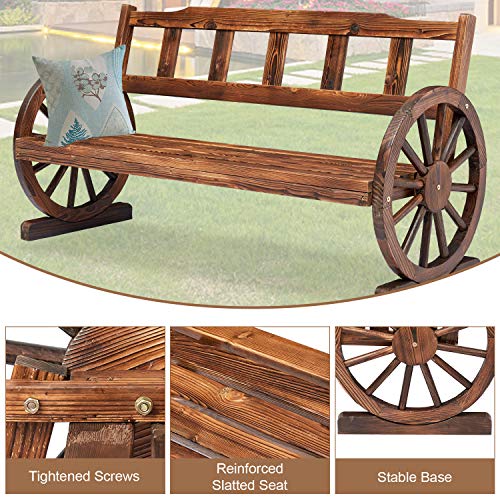 JSUN7 Outdoor Wooden Wheel Bench,56''L x 22.4" W x 29.6" H Wagon Bench Chair Rustic Slatted Seat Back for Backyard Patio Garden, 2-Person