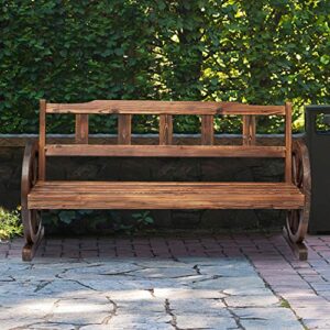 JSUN7 Outdoor Wooden Wheel Bench,56''L x 22.4" W x 29.6" H Wagon Bench Chair Rustic Slatted Seat Back for Backyard Patio Garden, 2-Person