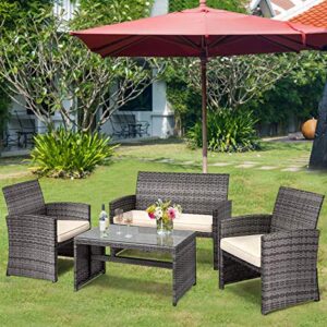 Goplus Rattan Patio Furniture Set 4 Pieces, Outdoor Wicker Conversation Sofa and Table Set with Soft Cushions & Tempered Glass Coffee Table for Balcony Garden Backyard (Beige(Mixed Color Wicker))