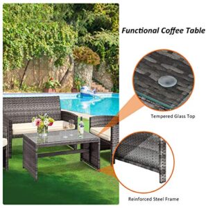 Goplus Rattan Patio Furniture Set 4 Pieces, Outdoor Wicker Conversation Sofa and Table Set with Soft Cushions & Tempered Glass Coffee Table for Balcony Garden Backyard (Beige(Mixed Color Wicker))