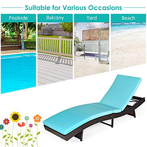 Tangkula Outdoor Folding Chaise Lounge, Rattan Patio Lounge Chair with Removable Thick Cushion, 5 Adjustable Levels, Leisure Reclining Wicker Lounge Chair for Garden, Pool Side, Balcony (2, Turquoise)