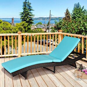Tangkula Outdoor Folding Chaise Lounge, Rattan Patio Lounge Chair with Removable Thick Cushion, 5 Adjustable Levels, Leisure Reclining Wicker Lounge Chair for Garden, Pool Side, Balcony (2, Turquoise)