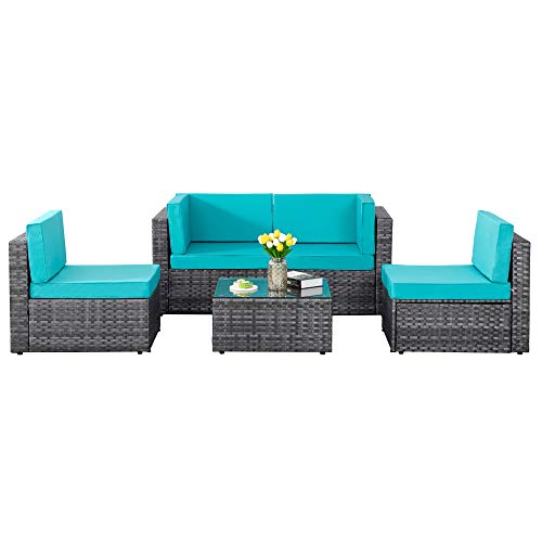 SUNLEI 5pcs Patio Outdoor Furniture Sets Conversation Set,Low Back All-Weather Rattan Sectional Sofa with Tea Table&Washable Couch Cushions(Silver Rattan)(Blue)