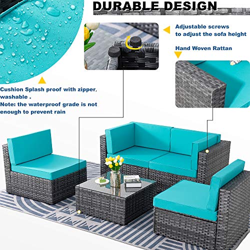 SUNLEI 5pcs Patio Outdoor Furniture Sets Conversation Set,Low Back All-Weather Rattan Sectional Sofa with Tea Table&Washable Couch Cushions(Silver Rattan)(Blue)