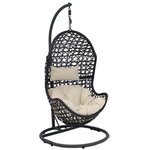 sunnydaze cordelia hanging egg chair with steel stand set – resin wicker – outdoor large basket design patio lounge chair – includes beige cushion and headrest