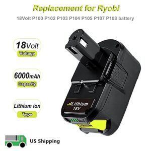 CEENR 2 Pack P108 6.0Ah Replacement for Ryobi 18V Battery Compatible with Ryobi ONE Plus 18 Volt Lithium Batteries One+ P108 6Ah P102 P105 P104 P108 P109 Fan Leaf Blower Cordless Power Tool Battery