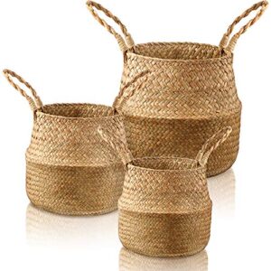 set of 3 pieces woven seagrass hand woven belly basket for storage, laundry, picnic, plant pot cover, beach and grocery basket (small, medium and large)