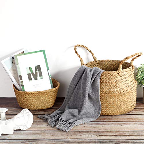 Set of 3 Pieces Woven Seagrass Hand Woven Belly Basket for Storage, Laundry, Picnic, Plant Pot Cover, Beach and Grocery Basket (Small, Medium and Large)