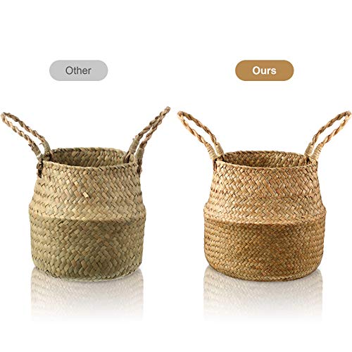 Set of 3 Pieces Woven Seagrass Hand Woven Belly Basket for Storage, Laundry, Picnic, Plant Pot Cover, Beach and Grocery Basket (Small, Medium and Large)