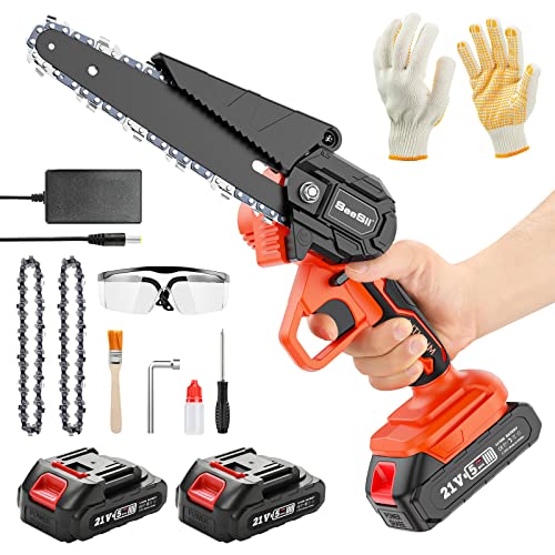 Mini Chainsaw 6 Inch Cordless, Seesii Battery Powered Chain Saw,Small Portable Handheld Electric Power Chain Saws with 2 * 2.0Ah Batteries & Safety Lock for Tree Trimming Wood Cutting