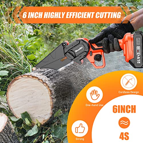 Mini Chainsaw 6 Inch Cordless, Seesii Battery Powered Chain Saw,Small Portable Handheld Electric Power Chain Saws with 2 * 2.0Ah Batteries & Safety Lock for Tree Trimming Wood Cutting