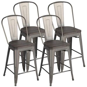 yaheetech metal stools bar chairs stackable industrial height stool kitchen chair with wood top/seat and high back indoor/outdoor bistro cafe side chairs barstools set of 4 gun, gunmetal