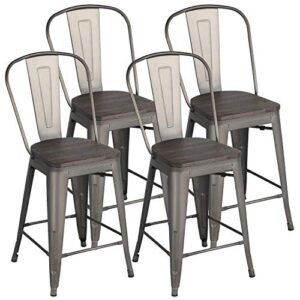 Yaheetech Metal Stools Bar Chairs Stackable Industrial Height Stool Kitchen Chair with Wood Top/Seat and High Back Indoor/Outdoor Bistro Cafe Side Chairs Barstools Set of 4 Gun, Gunmetal