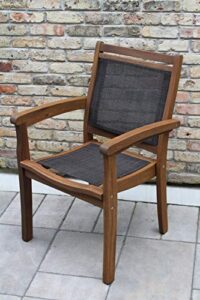 outdoor interiors 10555dk sling and eucalyptus stackable arm chair, dark brown