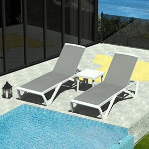 domi patio chaise lounge chair set of 3,outdoor aluminum polypropylene sunbathing chair with adjustable backrest,side table,for beach,yard,balcony,poolside(2 grey chairs w/table)