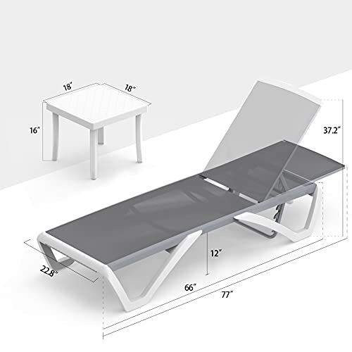 Domi Patio Chaise Lounge Chair Set of 3,Outdoor Aluminum Polypropylene Sunbathing Chair with Adjustable Backrest,Side Table,for Beach,Yard,Balcony,Poolside(2 Grey Chairs W/Table)