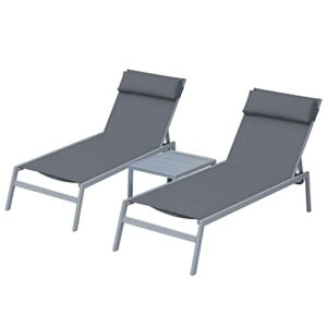 domi outdoor living 3 pieces adjustable chaise lounge set outdoor patio lounge chair all weather five-position recliner chair set w/coffee table for patio, pool, yard (grey)