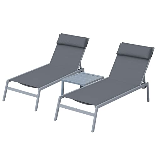 domi outdoor living 3 Pieces Adjustable Chaise Lounge Set Outdoor Patio Lounge Chair All Weather Five-Position Recliner Chair Set w/Coffee Table for Patio, Pool, Yard (Grey)