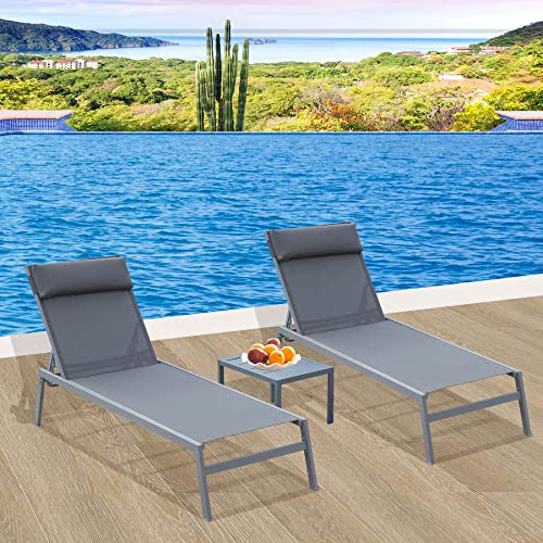 domi outdoor living 3 Pieces Adjustable Chaise Lounge Set Outdoor Patio Lounge Chair All Weather Five-Position Recliner Chair Set w/Coffee Table for Patio, Pool, Yard (Grey)