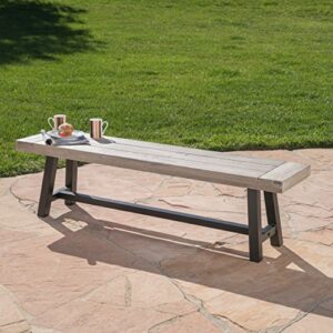 cassie outdoor light grey sandblast finish acacia wood dining bench with black rustic metal finish frame