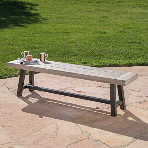 Cassie Outdoor Light Grey Sandblast Finish Acacia Wood Dining Bench with Black Rustic Metal Finish Frame