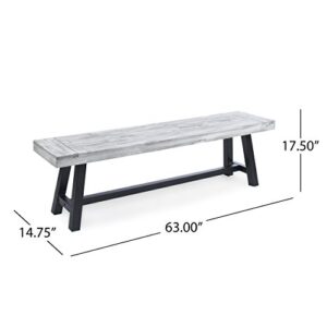 Cassie Outdoor Light Grey Sandblast Finish Acacia Wood Dining Bench with Black Rustic Metal Finish Frame