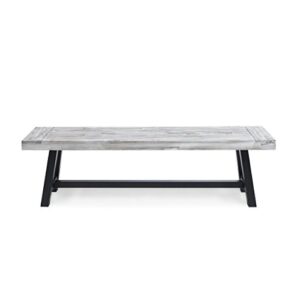 Cassie Outdoor Light Grey Sandblast Finish Acacia Wood Dining Bench with Black Rustic Metal Finish Frame