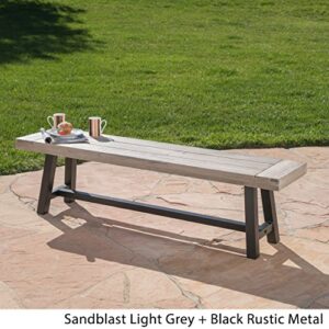 Cassie Outdoor Light Grey Sandblast Finish Acacia Wood Dining Bench with Black Rustic Metal Finish Frame