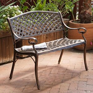 copper cast aluminum bench is weather resistant and rust proof, making it a prime piece for any outdoor living area, porch, patio, garden, deck or balcony. this stylish garden bench creates a perfect park setting in any backyard!