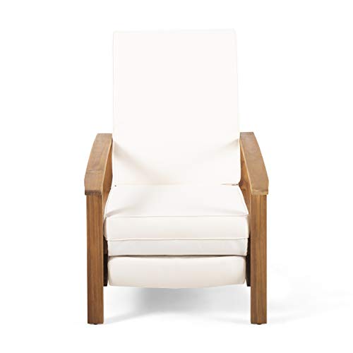 Mary Outdoor Acacia Wood Push Back Recliner with Cushion, Sandblast Teak and Cream