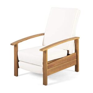 Mary Outdoor Acacia Wood Push Back Recliner with Cushion, Sandblast Teak and Cream