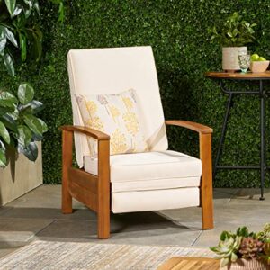 Mary Outdoor Acacia Wood Push Back Recliner with Cushion, Sandblast Teak and Cream