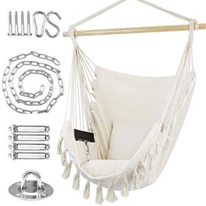 wbhome extra large hammock chair swing with hardware kit, hanging macrame chair cotton canvas, include carry bag & two soft seat cushions, for bedroom indoor outdoor, max. weight 330 lbs (beige)