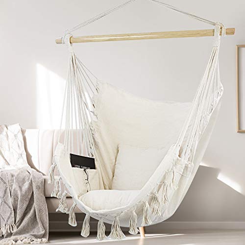 WBHome Extra Large Hammock Chair Swing with Hardware Kit, Hanging Macrame Chair Cotton Canvas, Include Carry Bag & Two Soft Seat Cushions, for Bedroom Indoor Outdoor, Max. Weight 330 Lbs (Beige)